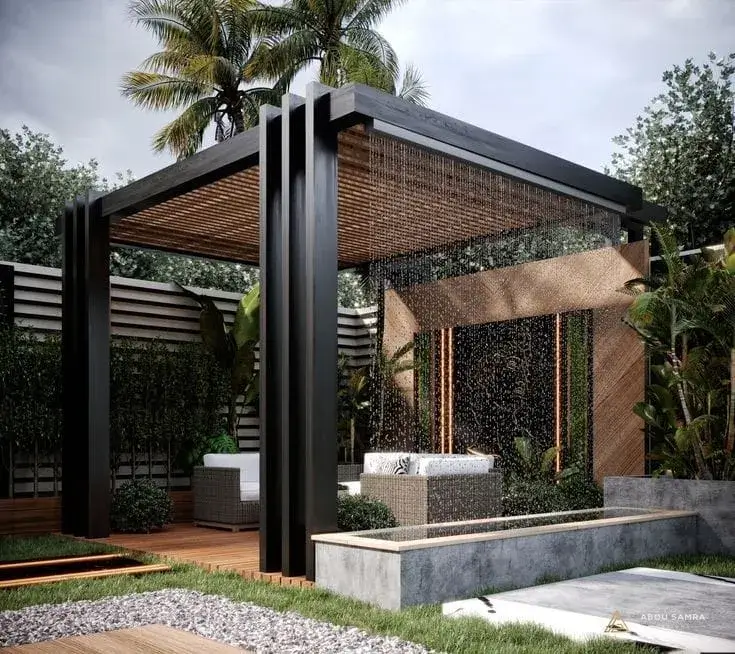تصميم وتنفيذ المظلات والبرجولات ضمن أعمال لاندسكيب – كوفان أمون