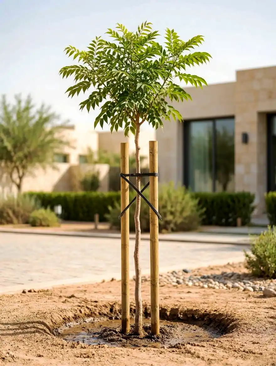 غرس أشجار ظل وتثبيتها بأوتاد – كوفان أمون للاندسكيب