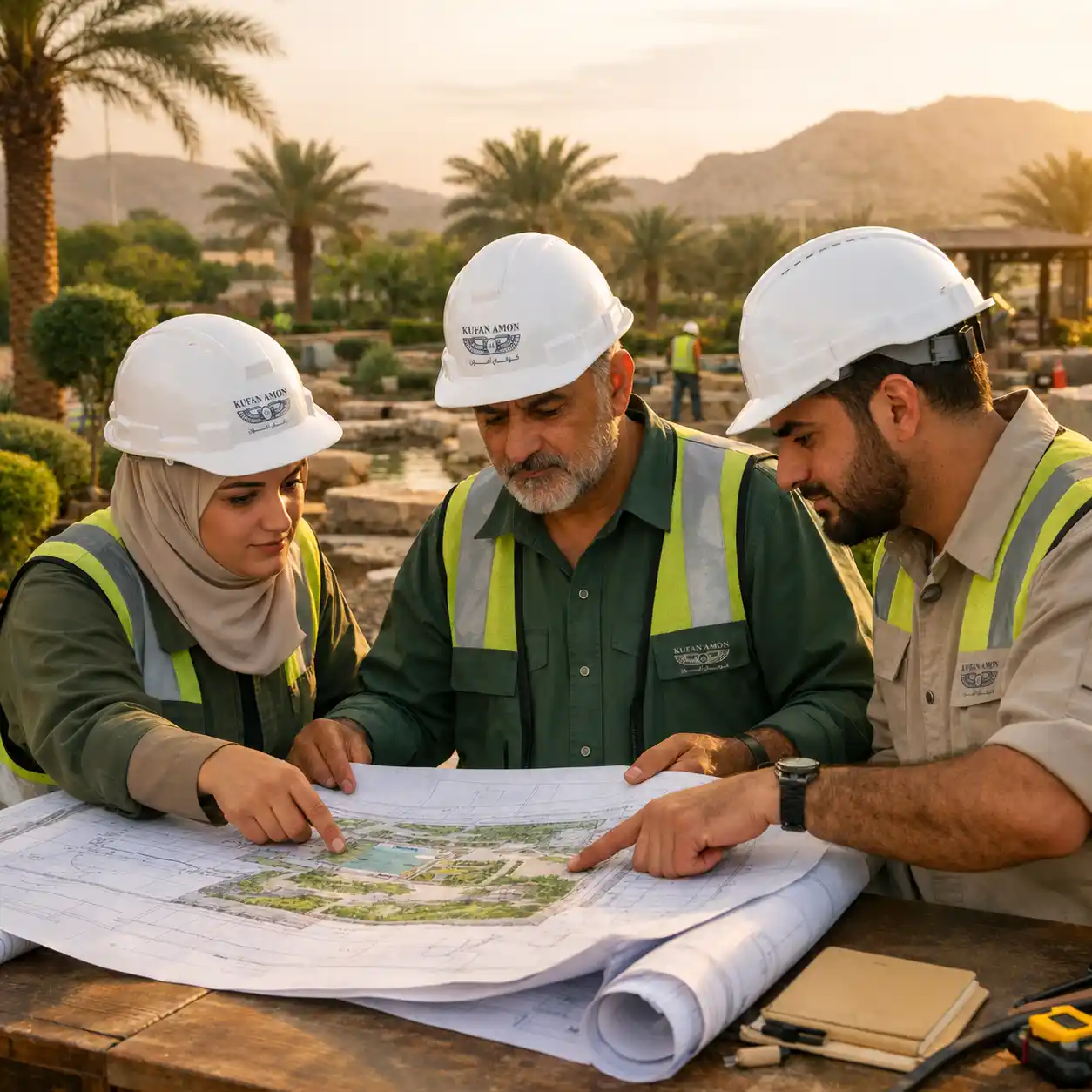 فريق كوفان أمون الهندسي أثناء الإشراف على تنفيذ مشروع حديقة في السعودية